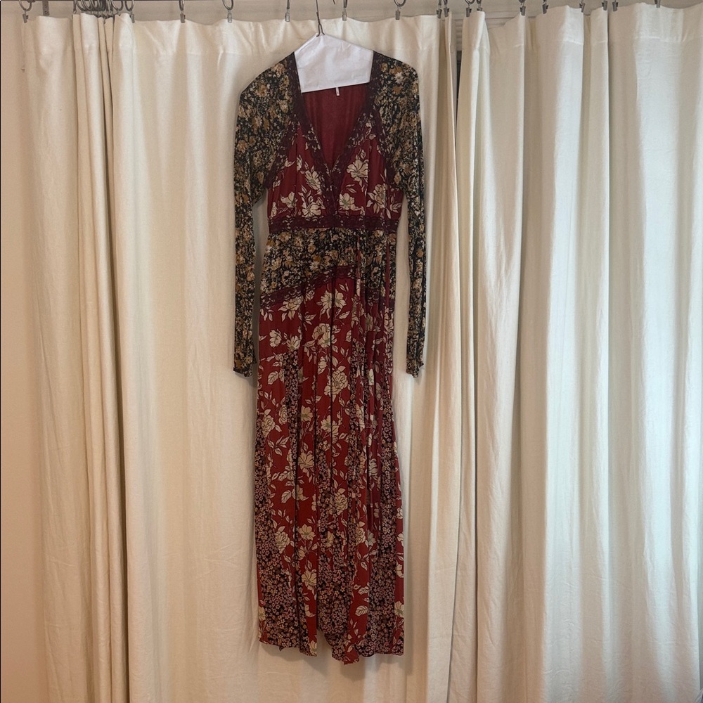 Free People Red and Black Floral Long Sleeve Dress